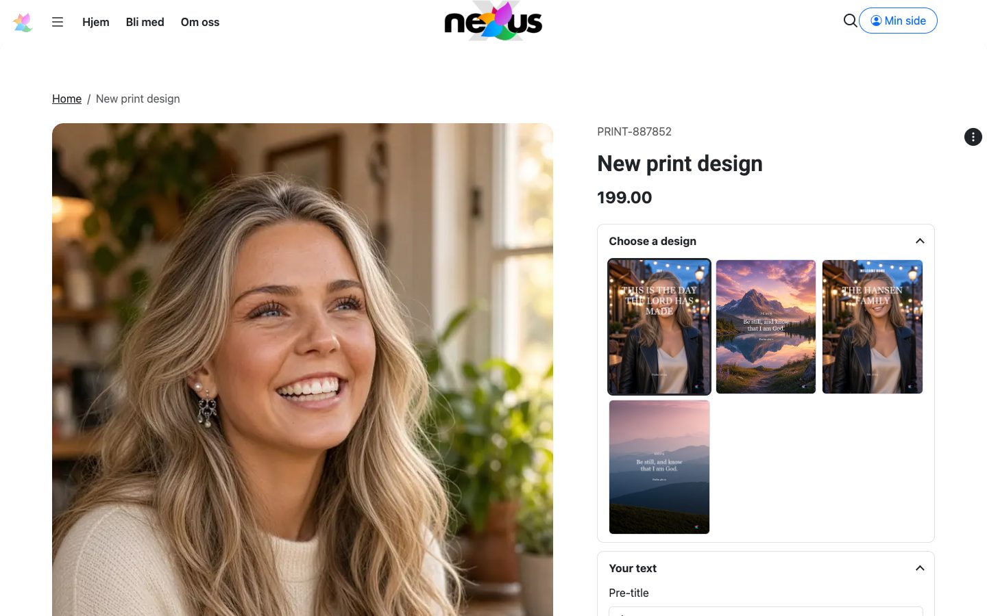En produktside for trykkdesign der kunden velger mellom ferdige design