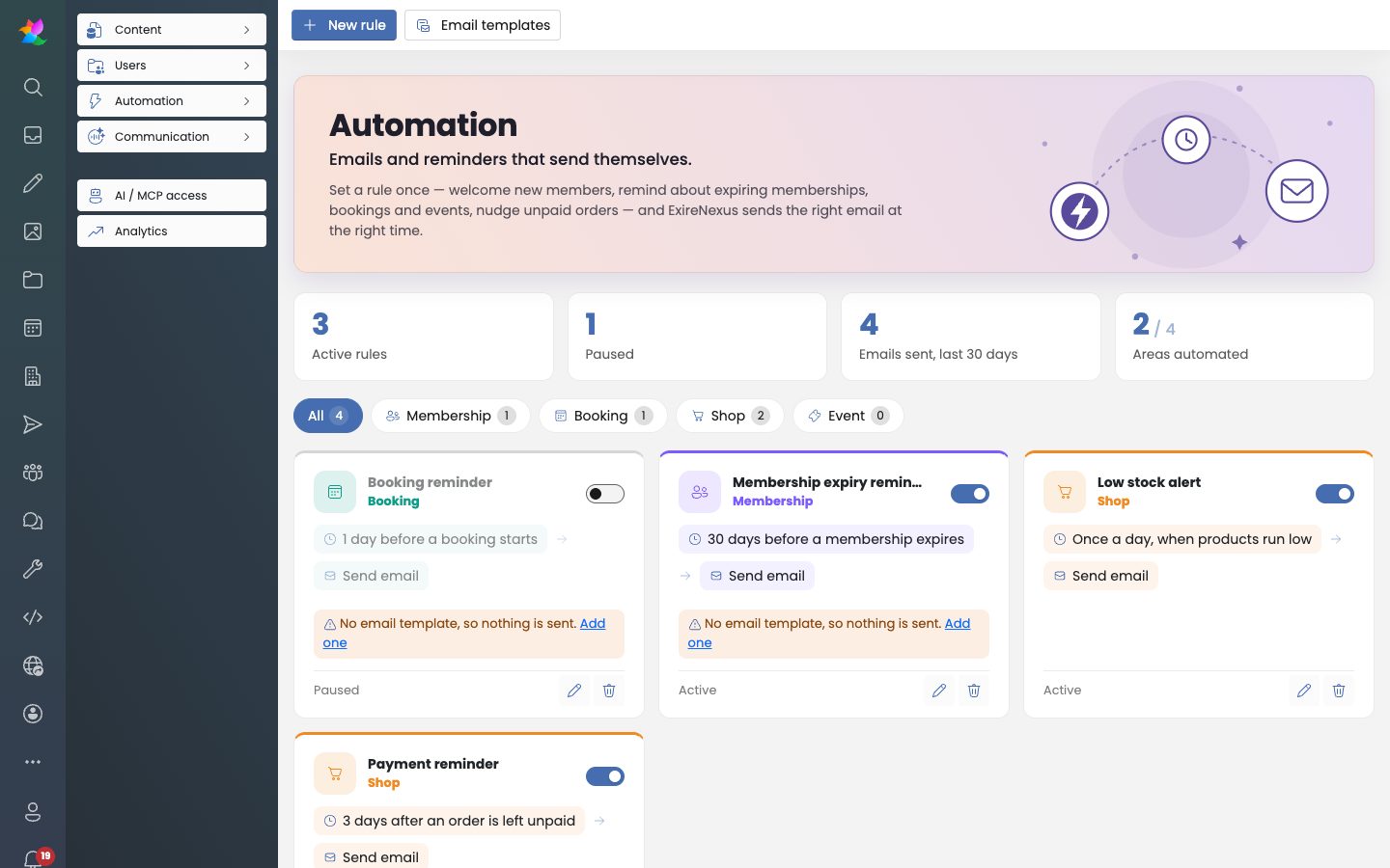 Automatiseringsdashbordet med regler for booking, medlemskap og butikk