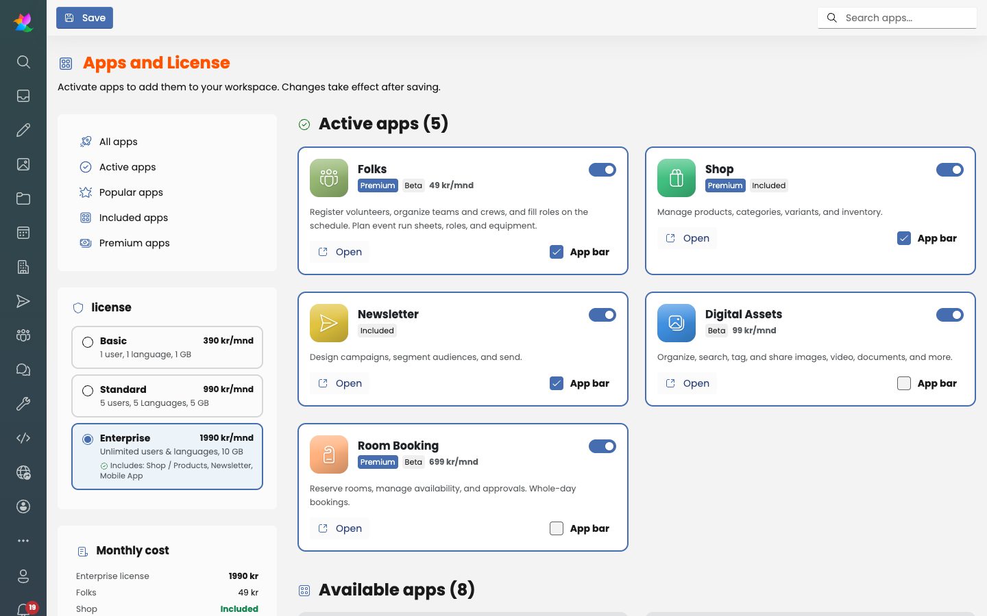 Siden Apper og lisens med aktive apper som Folks, Shop, Newsletter, Digital Assets og Room Booking