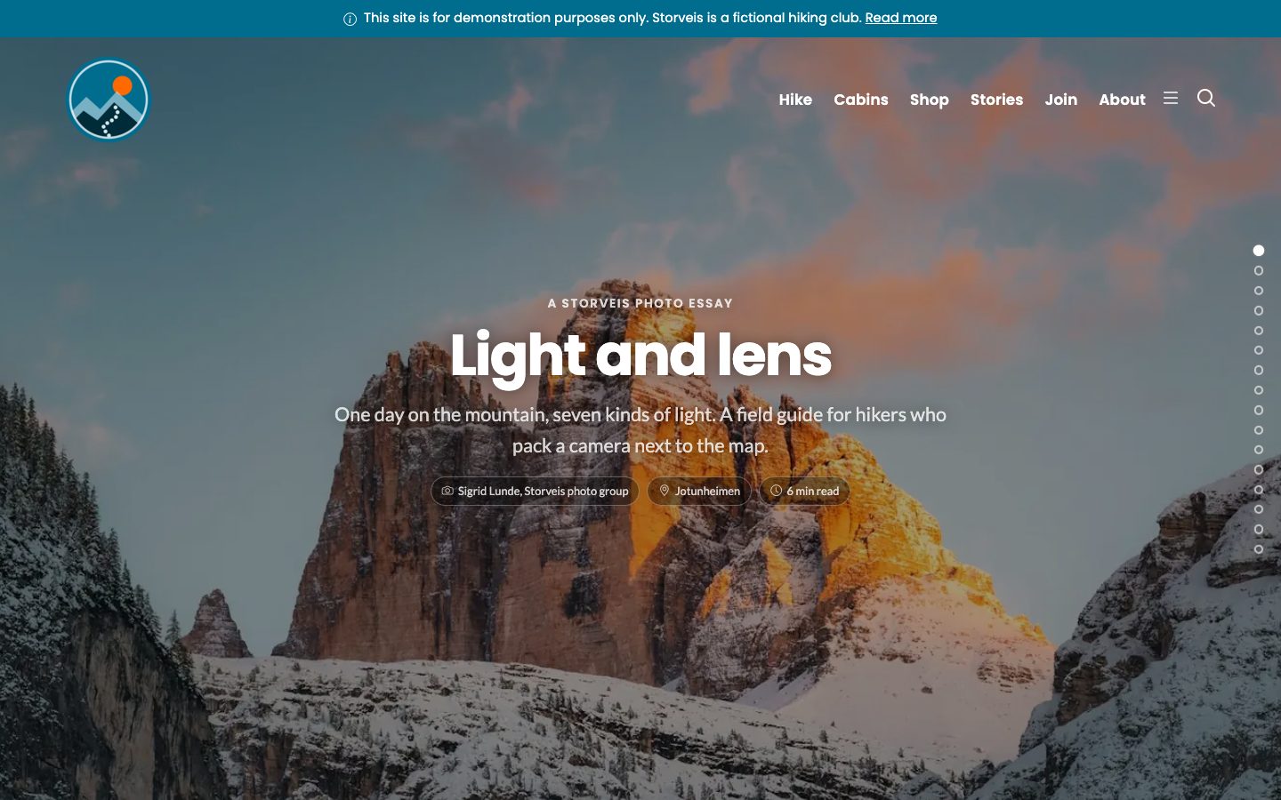 The opening scene of a scrollytelling story: the title Light and lens over a mountain lit by the sunset