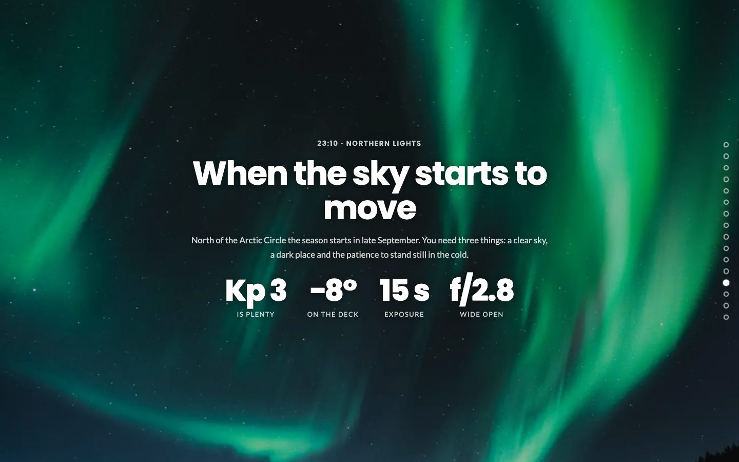 A numbers scene over the northern lights with four figures: Kp 3, minus 8 degrees, 15 seconds and f/2.8
