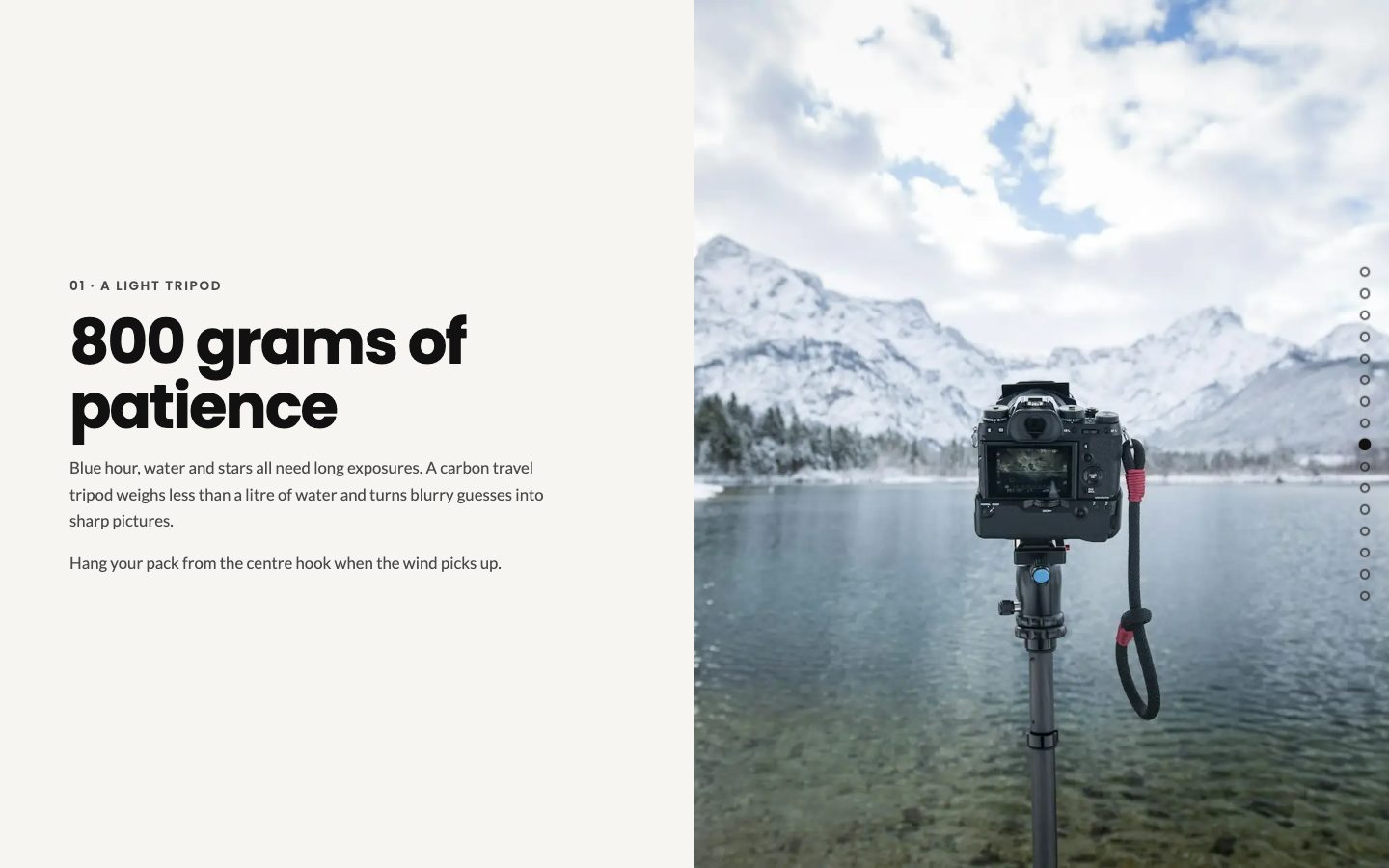 A split scene with text on the left and a camera on a tripod by a lake on the right