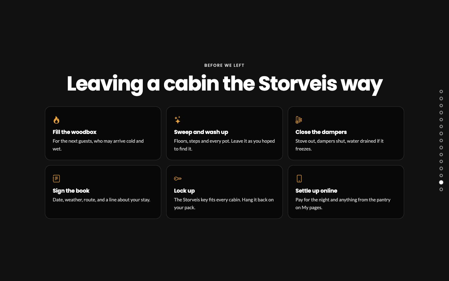 A cards scene with six cards: fill the woodbox, sweep and wash up, close the dampers, sign the book, lock up and settle up online
