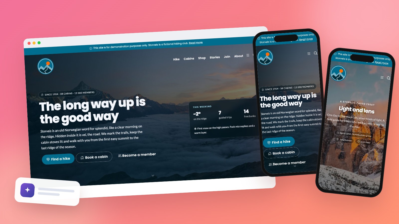 Demo-nettstedet Storveis vist på en PC og to mobiler
