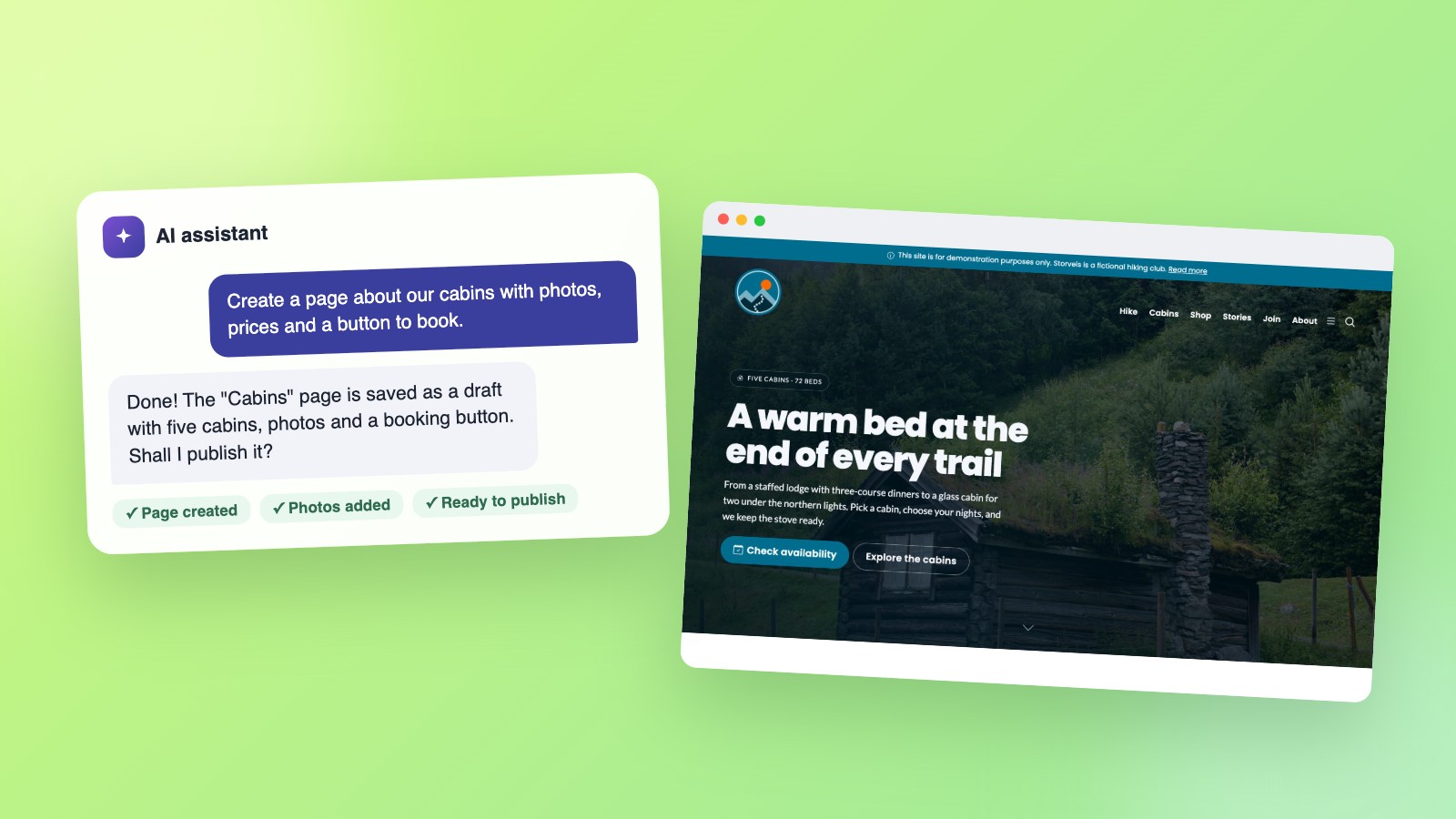 An AI assistant is asked to create a page about the cabins and replies that the page is ready with photos and a booking button